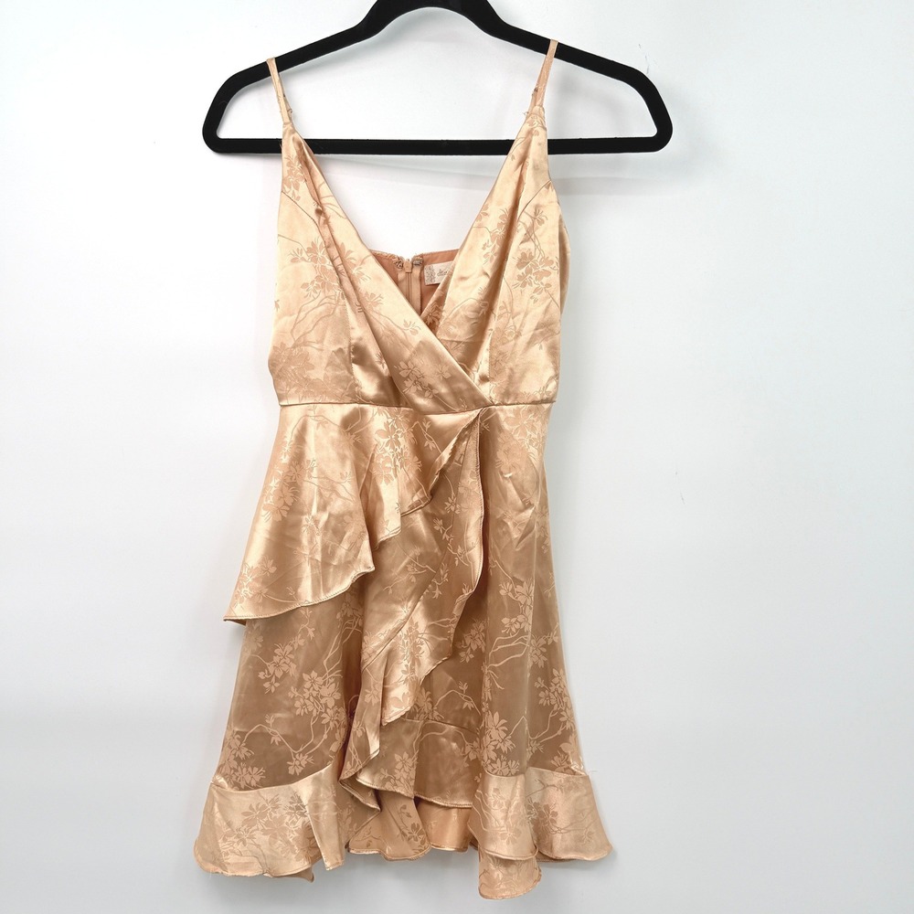 Altar'd State Mini Dress Size S Gold Satin Floral Ruffle Fairy Cottagecore‎